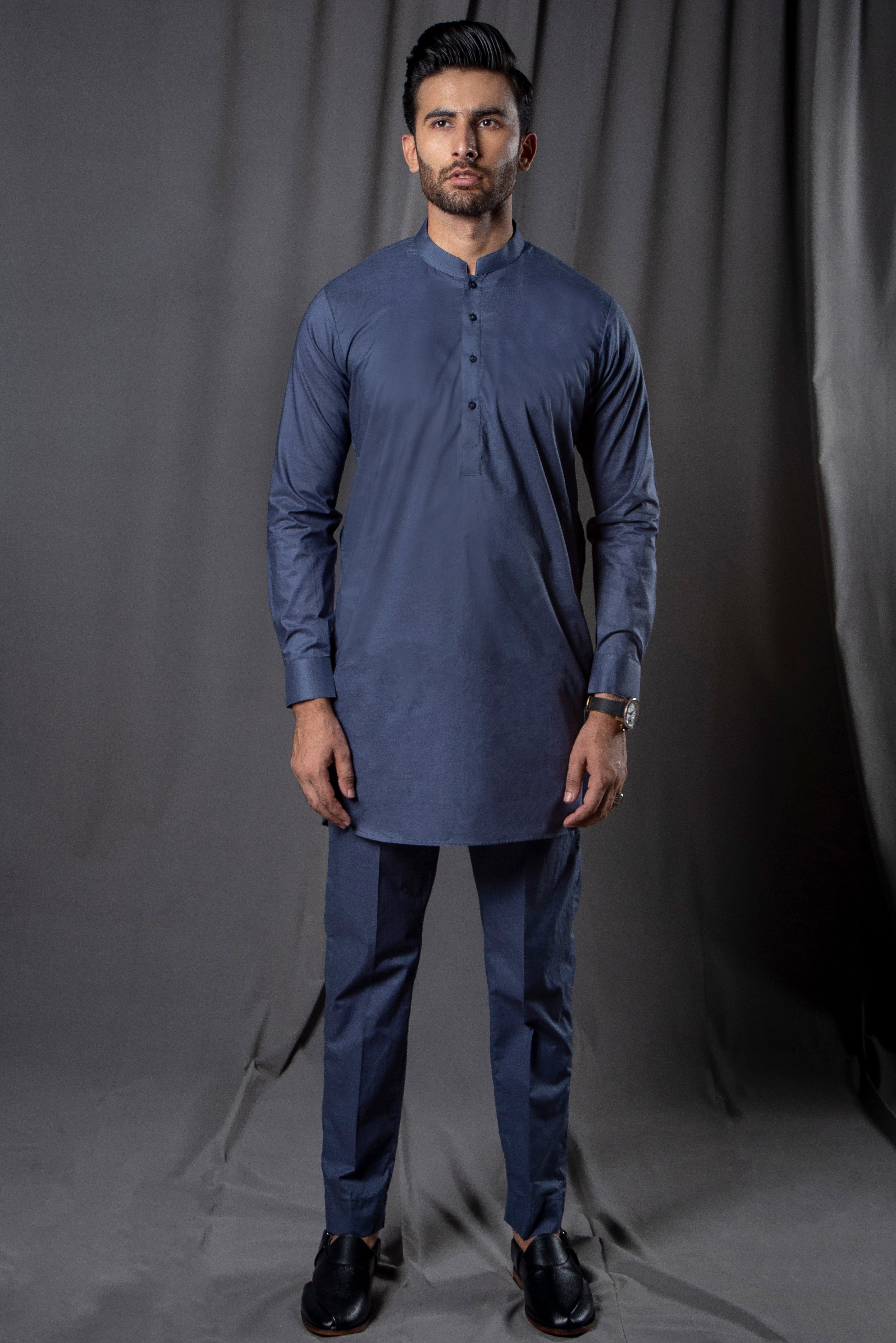 Navy Blue Cotton Kurta Pajama Set (2-Piece) - Image 1
