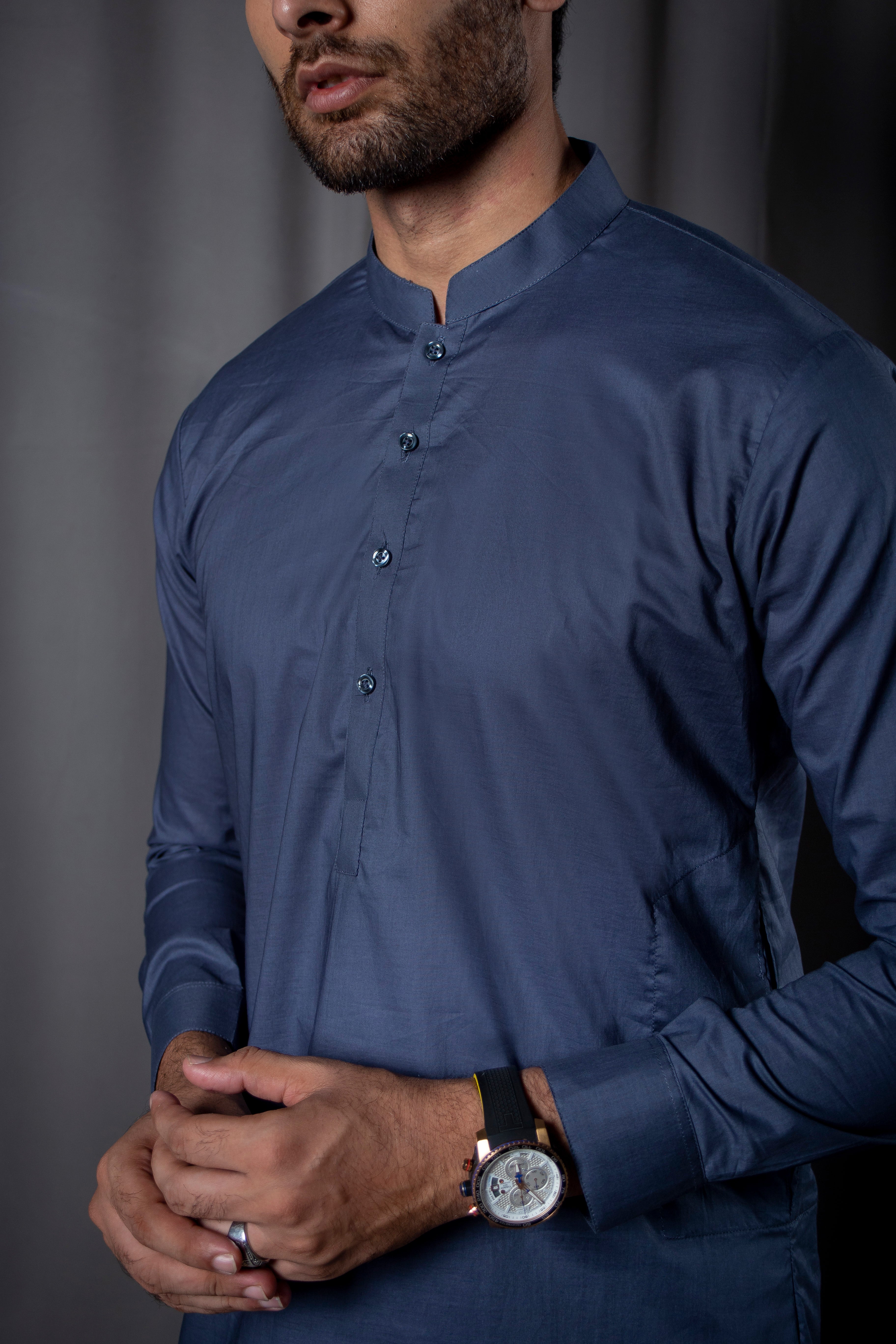 Navy Blue Cotton Kurta Pajama Set (2-Piece) - Image 2