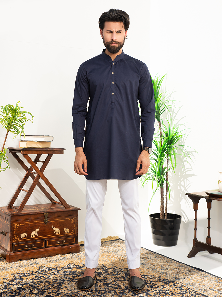 Navy Blue Cotton Kurta Pajama (2-Piece) - Image 1