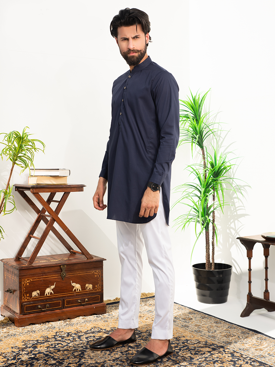 Navy Blue Cotton Kurta Pajama (2-Piece) - Image 3