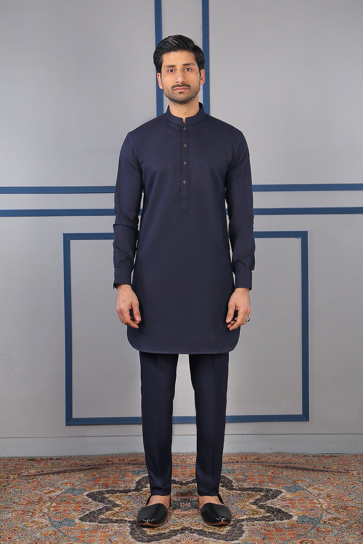 Navy Blue Hand Loomed Kurta Pajama (2-Piece) - Image 1