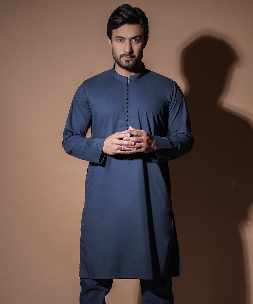 Navy Blue IronEZ Fabric Kurta Pajama (2-Piece) - Image 1