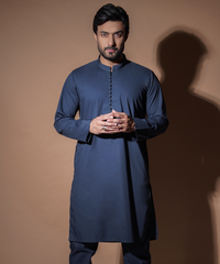 Navy Blue IronEZ Fabric Kurta Pajama (2-Piece) - Image 2