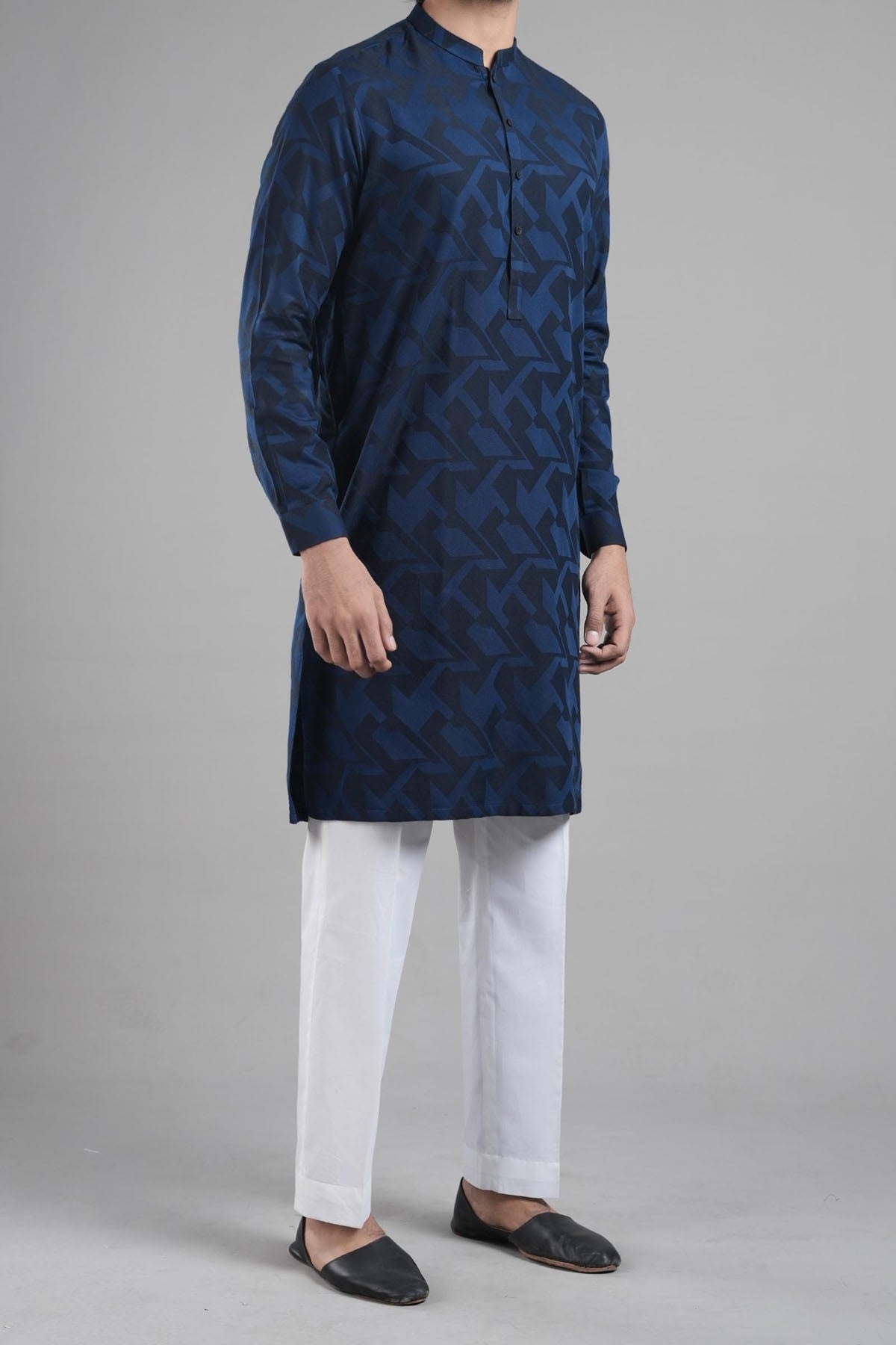 Navy Blue Jacquard Cotton Kurta (2-Piece) - Image 1