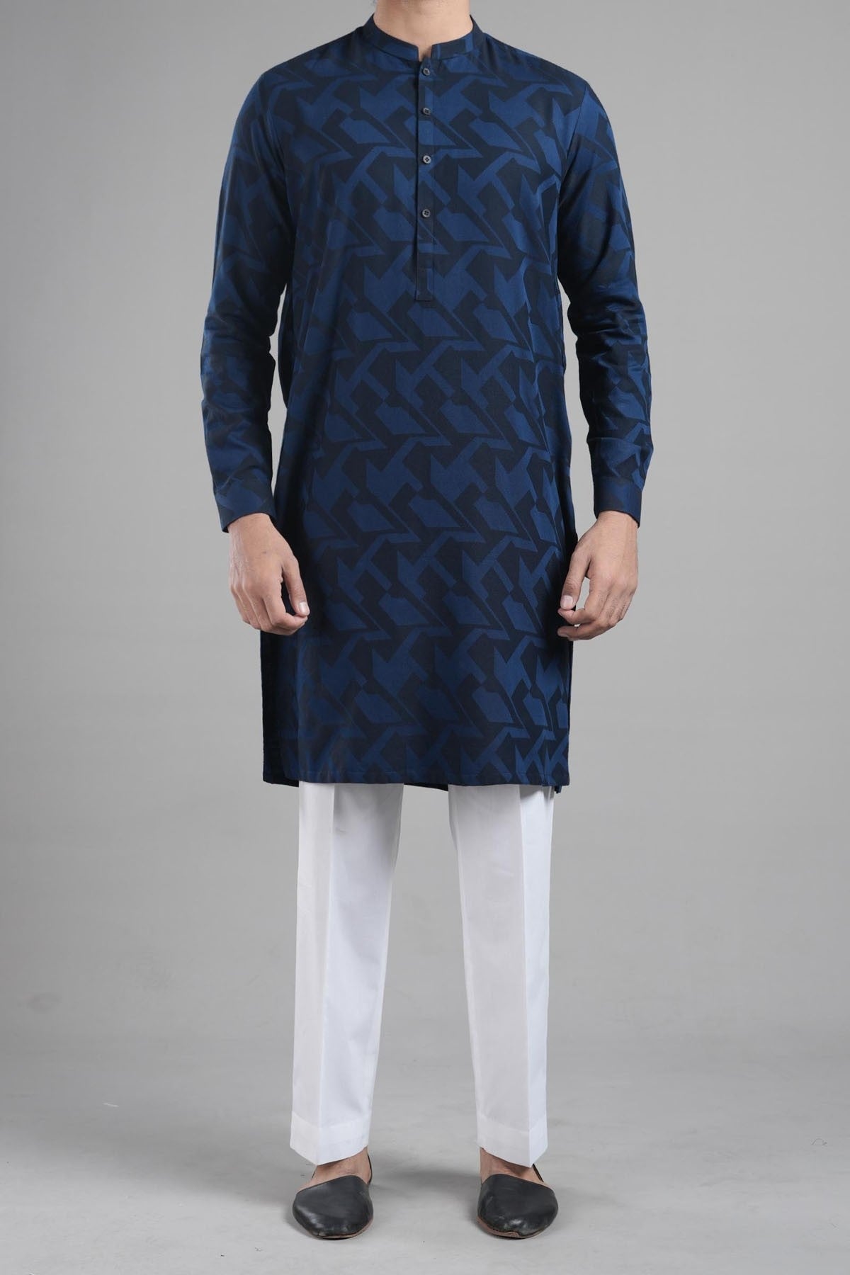 Navy Blue Jacquard Cotton Kurta (2-Piece) - Image 2