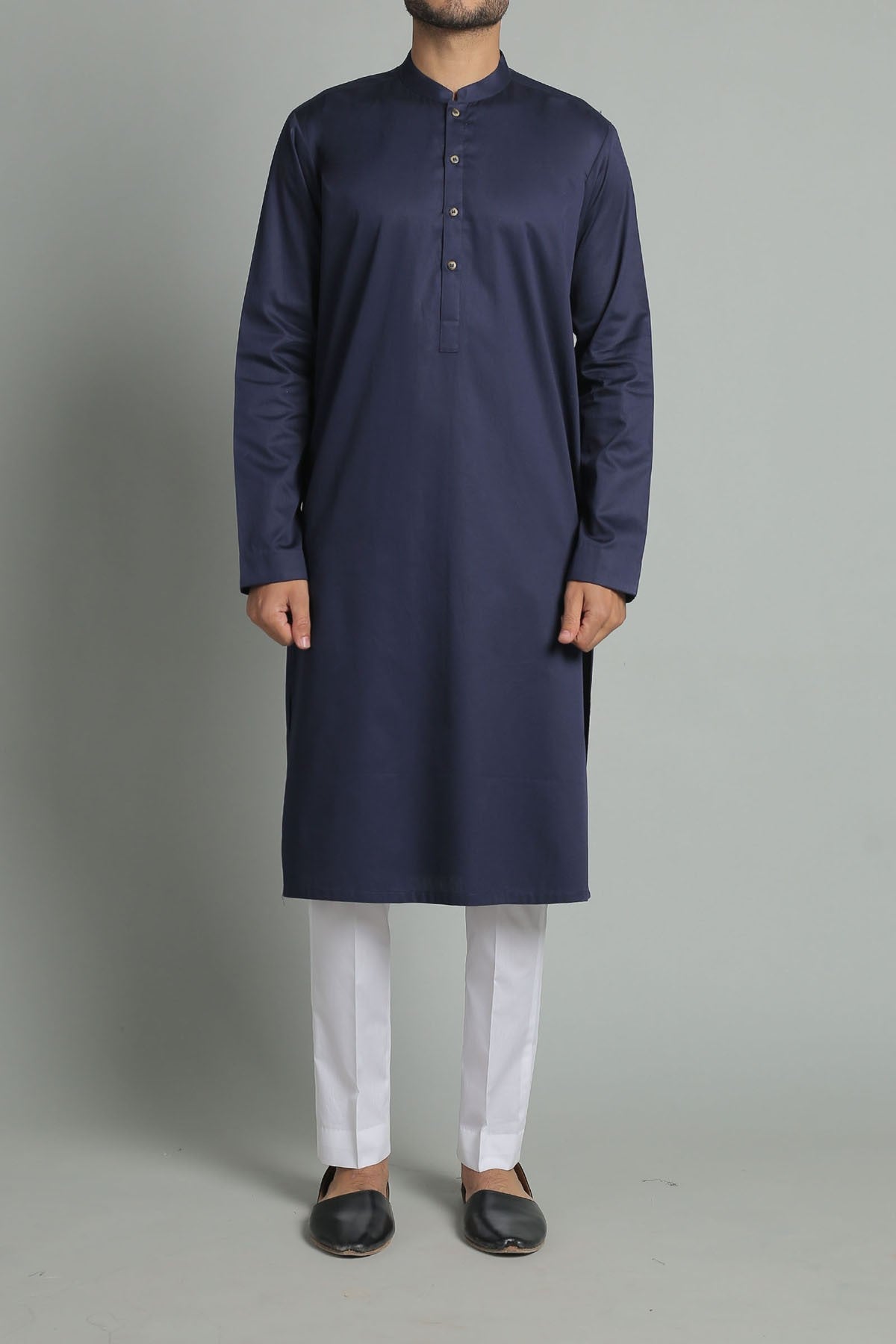 Navy Blue Jacquard Cotton Kurta (2-Piece) - Image 1