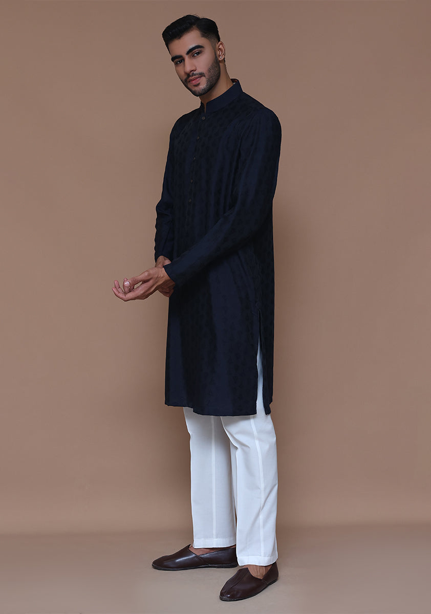 Navy Woven Jamawar Kurta Pajama (2-Piece) - Image 2