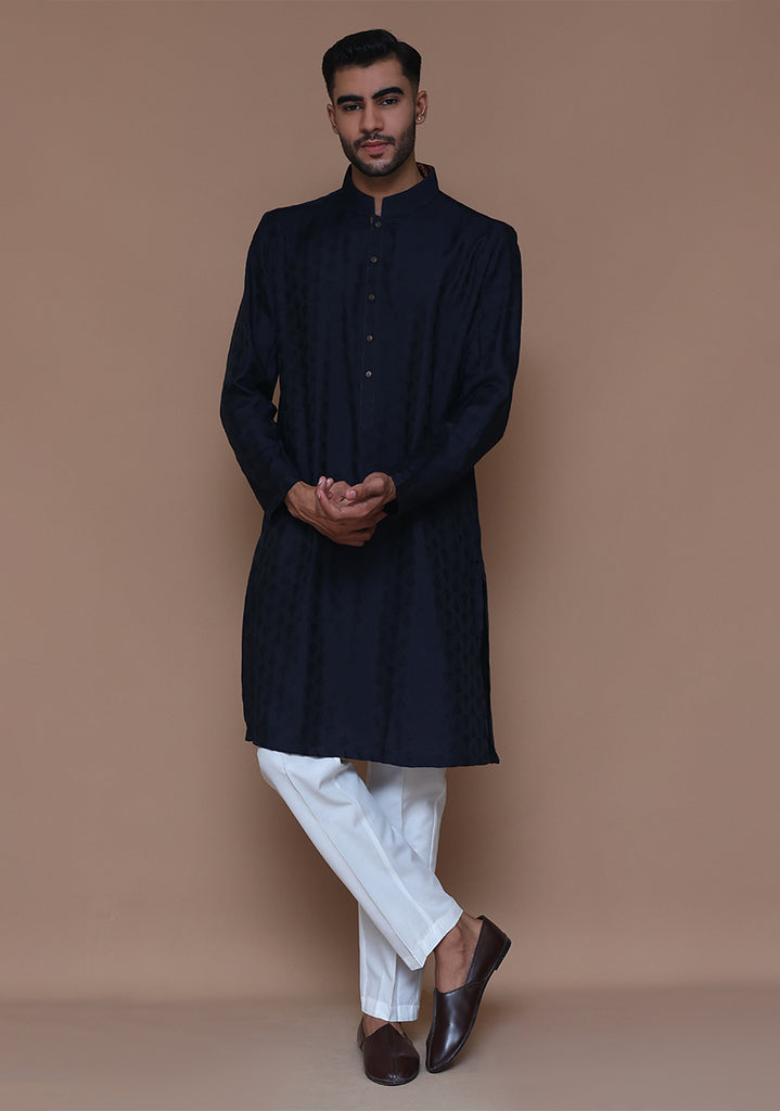 Navy Woven Jamawar Kurta Pajama (2-Piece) - Image 3
