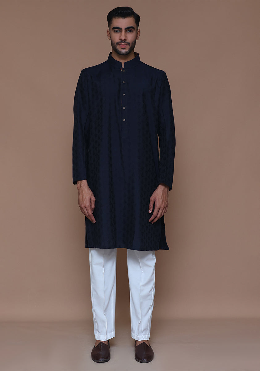 Navy Woven Jamawar Kurta Pajama (2-Piece) - Image 4