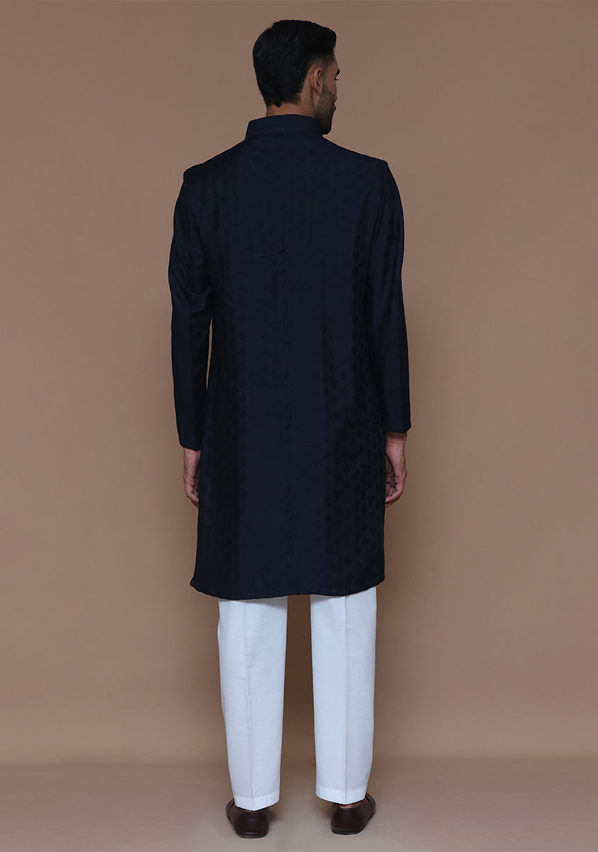 Navy Woven Jamawar Kurta Pajama (2-Piece) - Image 5