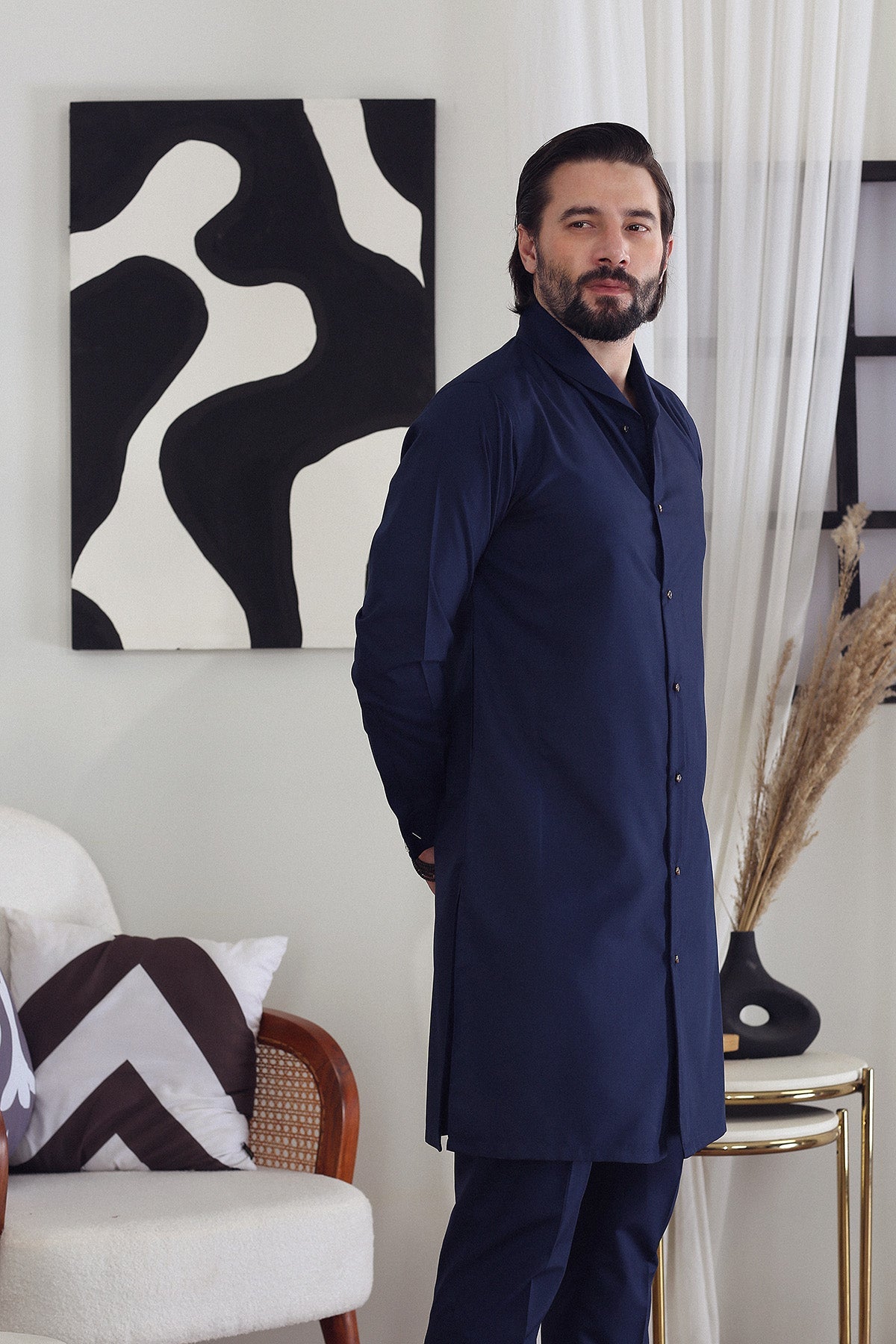 Navy Super Fine Japanese Fabric Kurta Pajama (2-Piece) - Image 4
