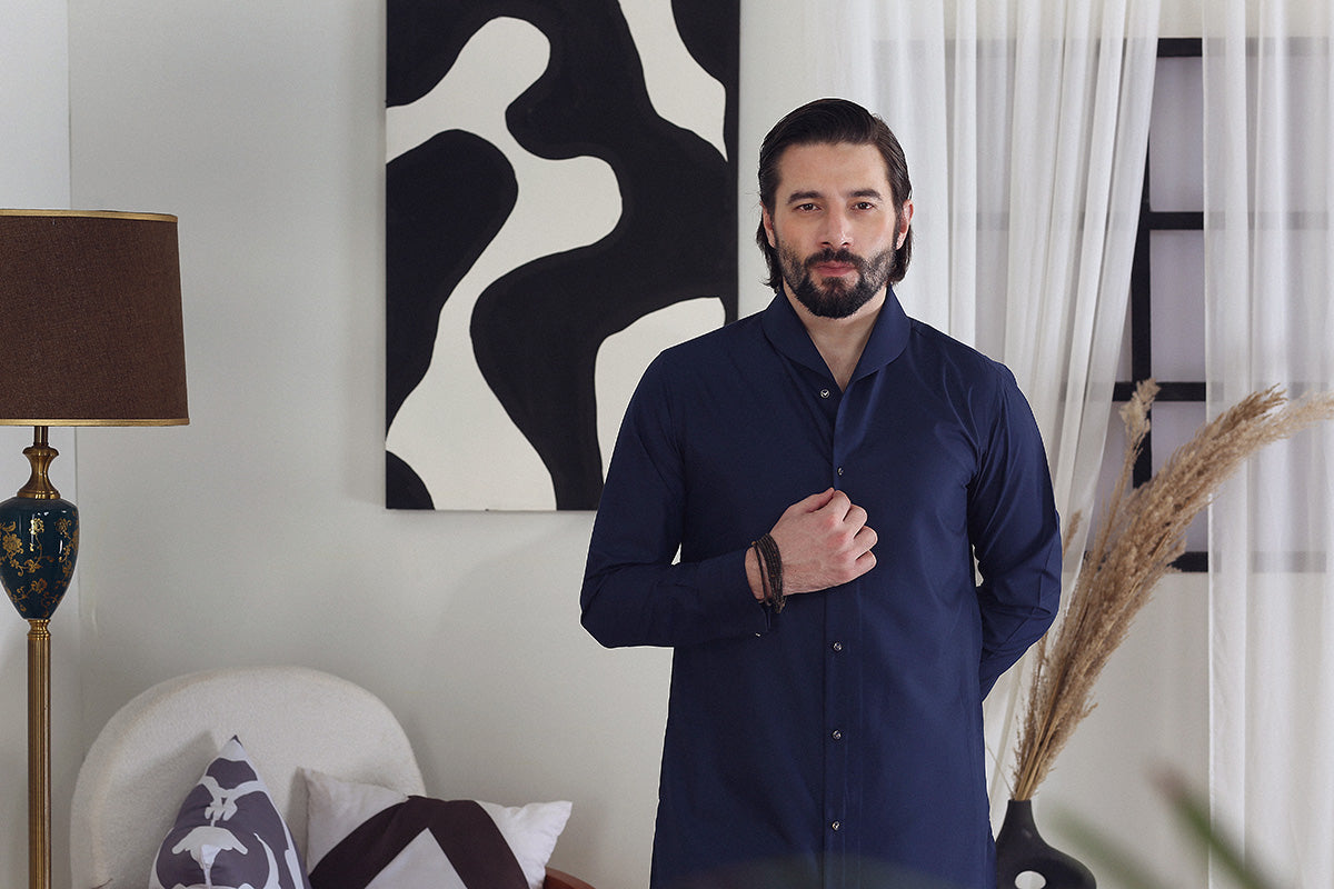 Navy Super Fine Japanese Fabric Kurta Pajama (2-Piece) - Image 6