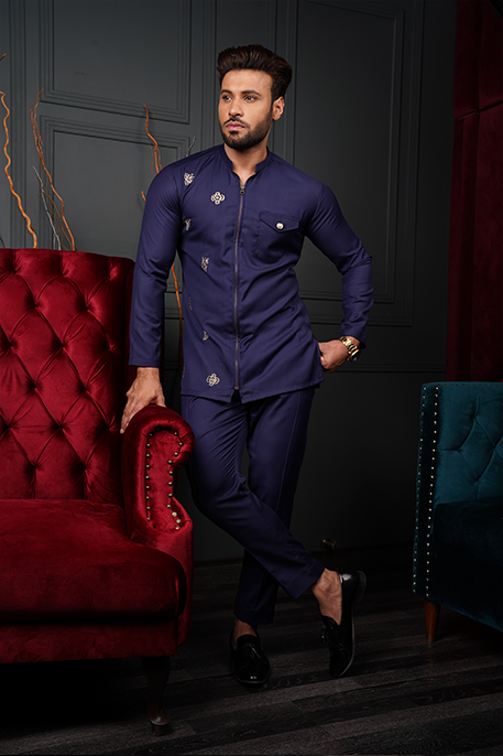 Navy Blue Minimal Embroidered Lightweight Kurta Pajama (2-Piece) - Image 1