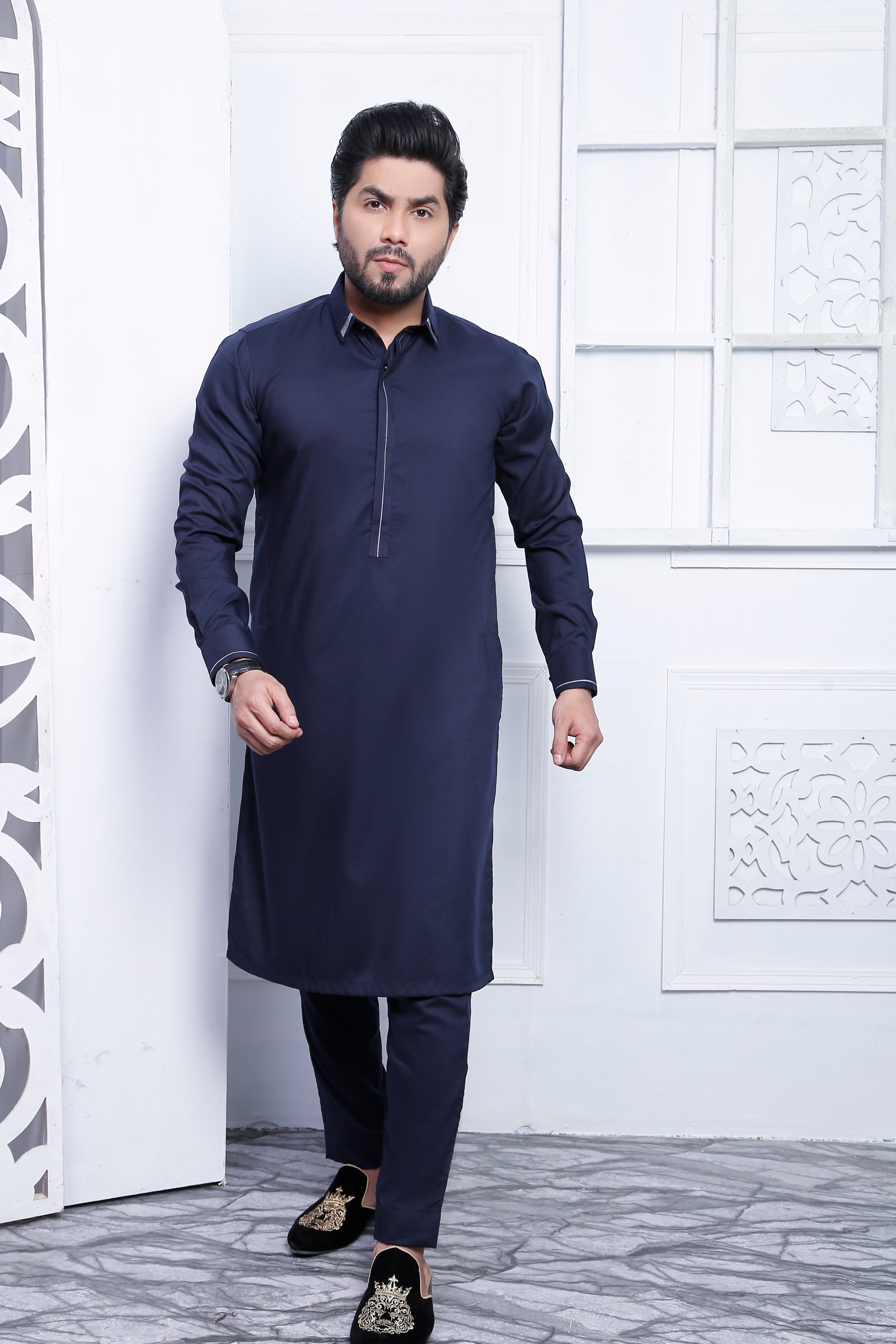 Navy Blue Contrast Piping Lightweight Kurta Pajama (2-Piece) - Image 3