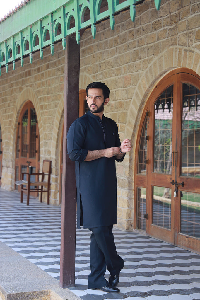 Navy Blue Linen Sherwani-Collar Kurta Pajama (2-Piece) - Image 1