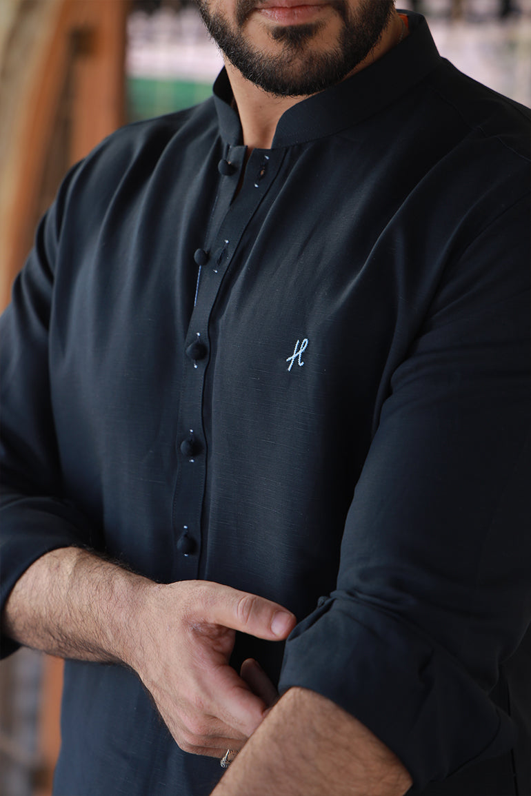 Navy Blue Linen Sherwani-Collar Kurta Pajama (2-Piece) - Image 3