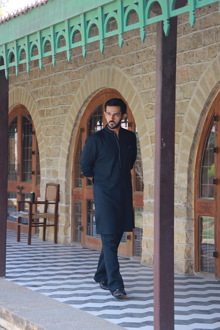 Navy Blue Linen Sherwani-Collar Kurta Pajama (2-Piece) - Image 5