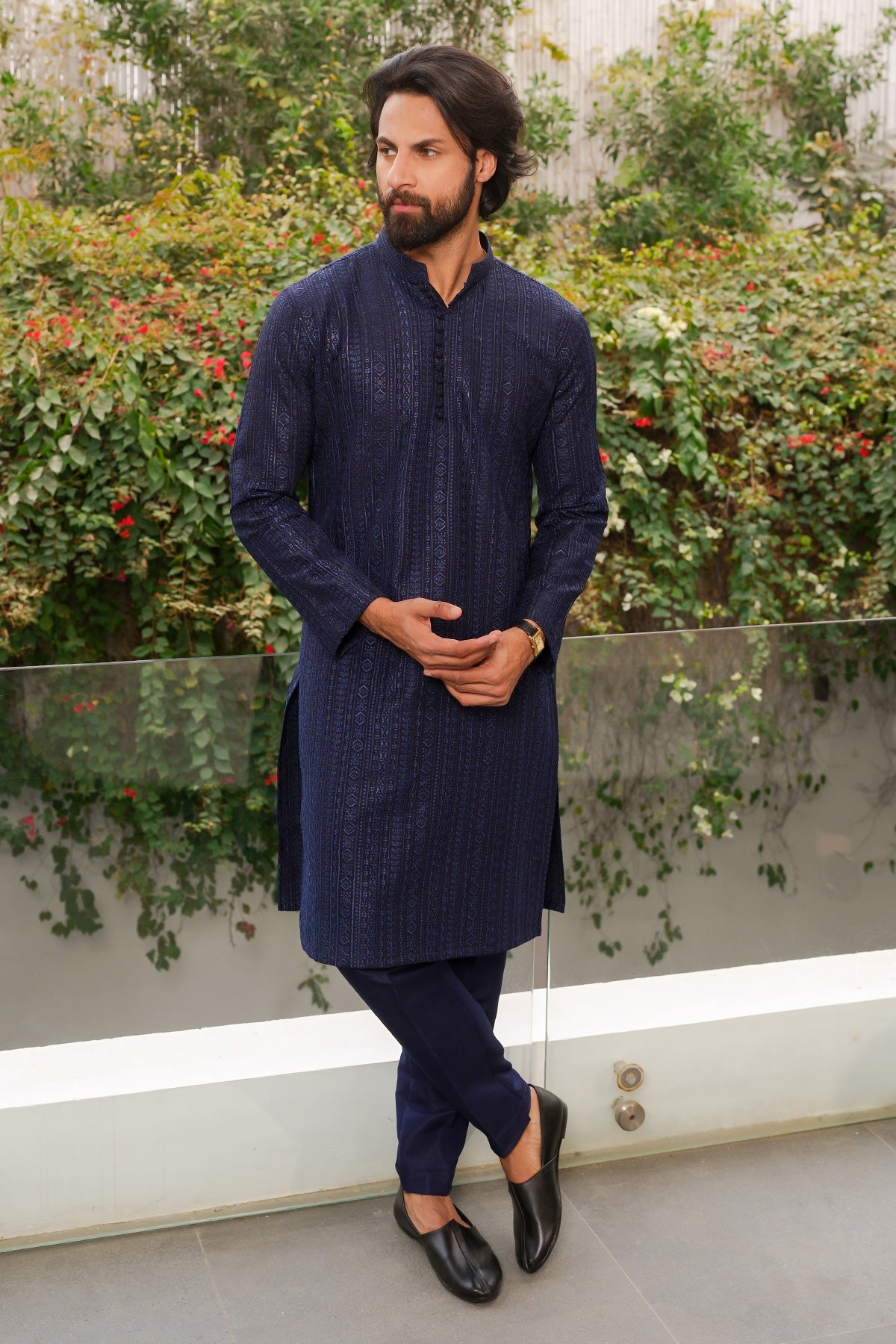 Navy Blue Woven Masoori Kurta Pajama (2-Piece) - Image 1