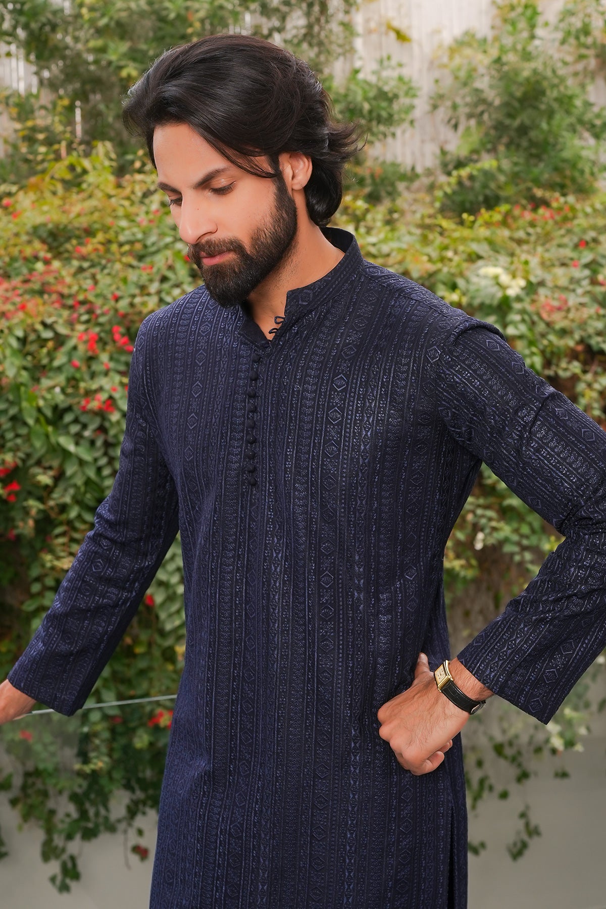 Navy Blue Woven Masoori Kurta Pajama (2-Piece) - Image 2