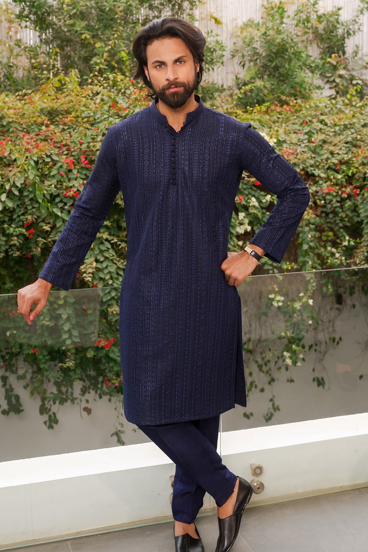 Navy Blue Woven Masoori Kurta Pajama (2-Piece) - Image 3