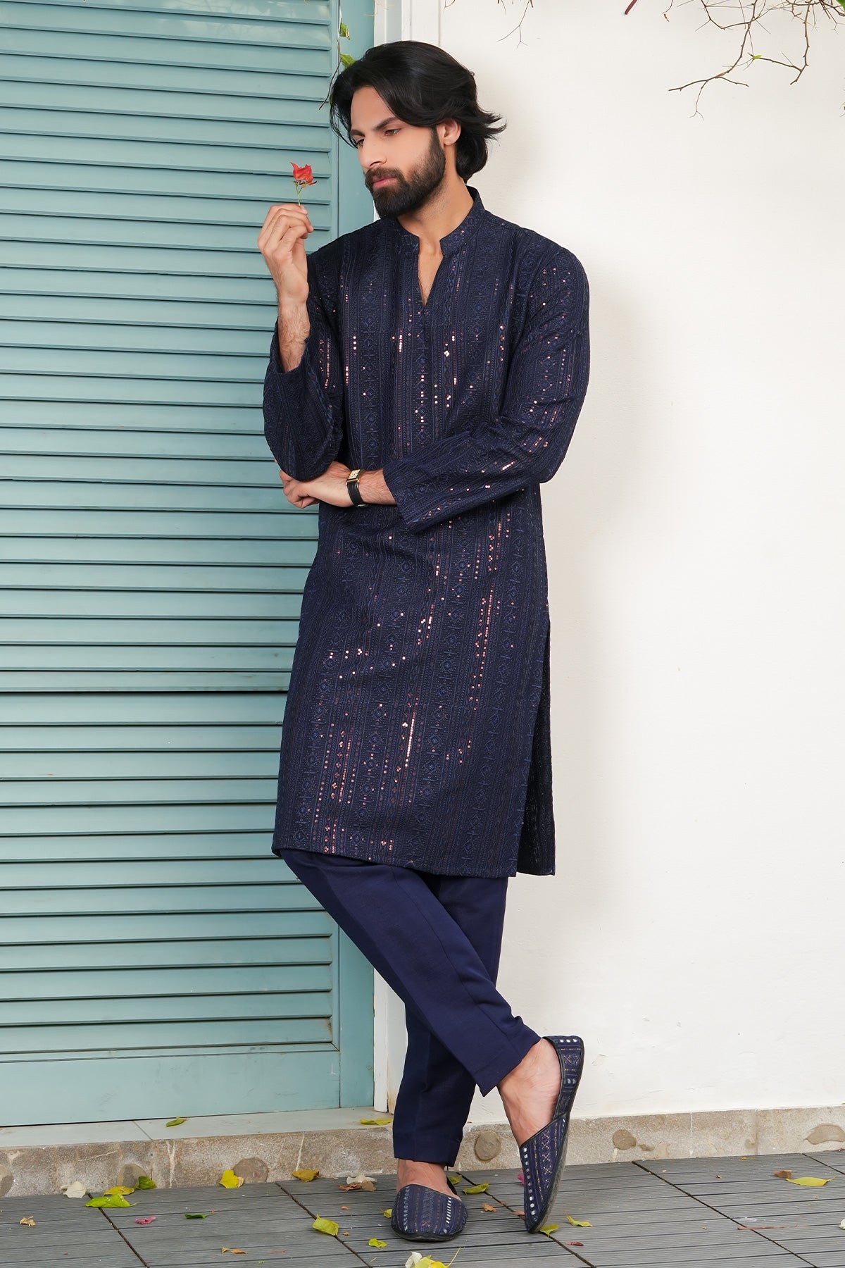 Navy Blue Embroidered Masoori Kurta Pajama (2-Piece) - Image 1