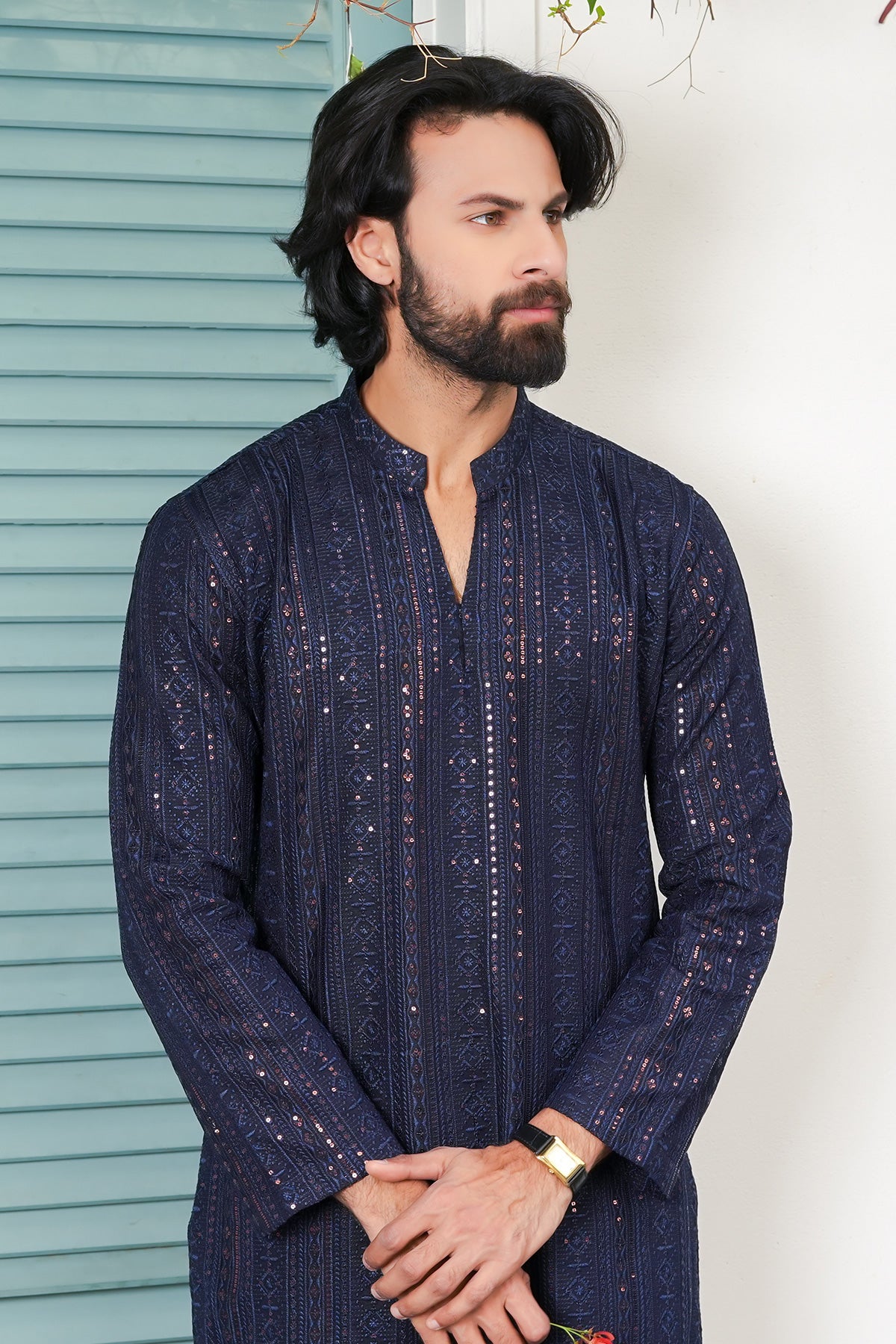 Navy Blue Embroidered Masoori Kurta Pajama (2-Piece) - Image 2