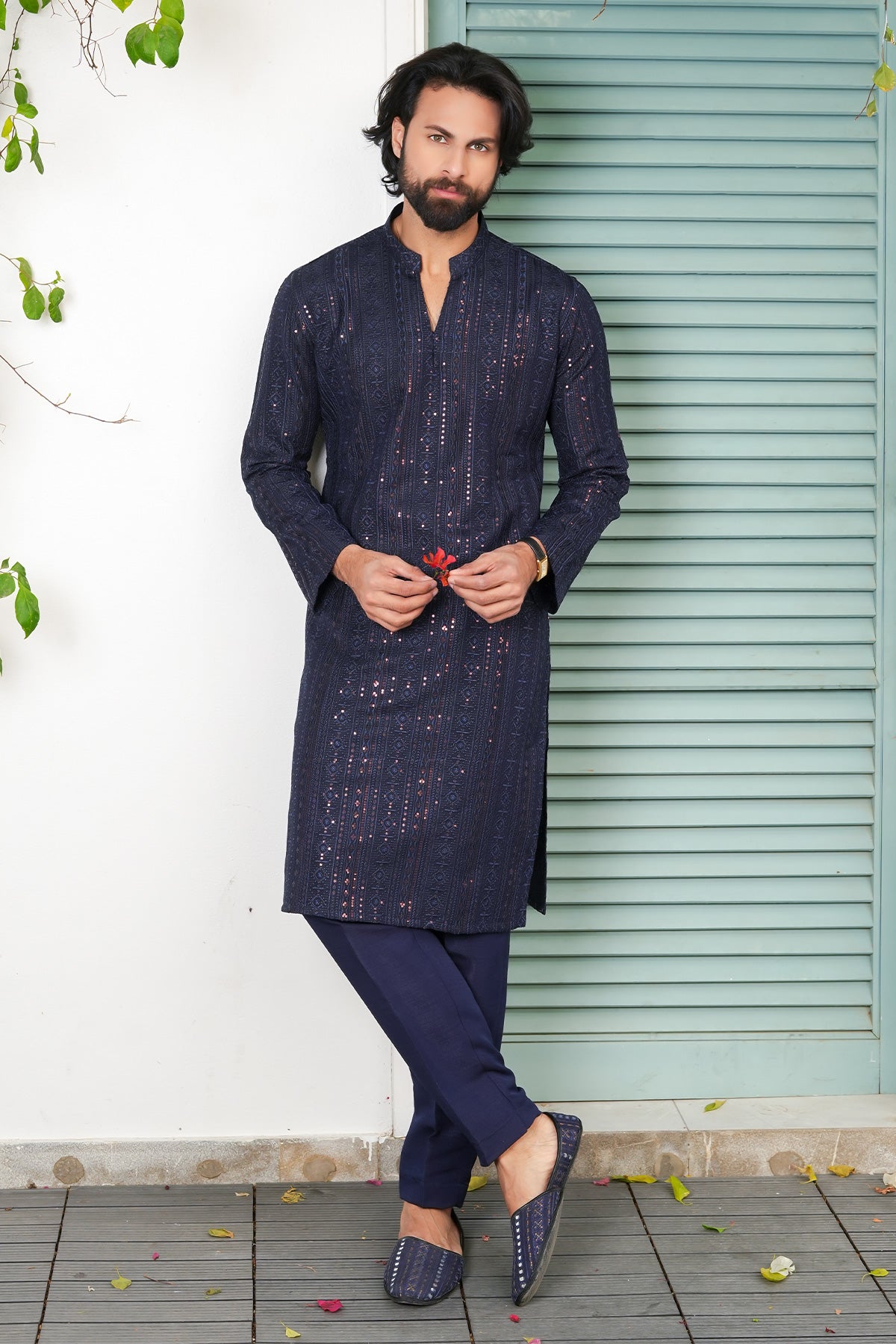 Navy Blue Embroidered Masoori Kurta Pajama (2-Piece) - Image 3
