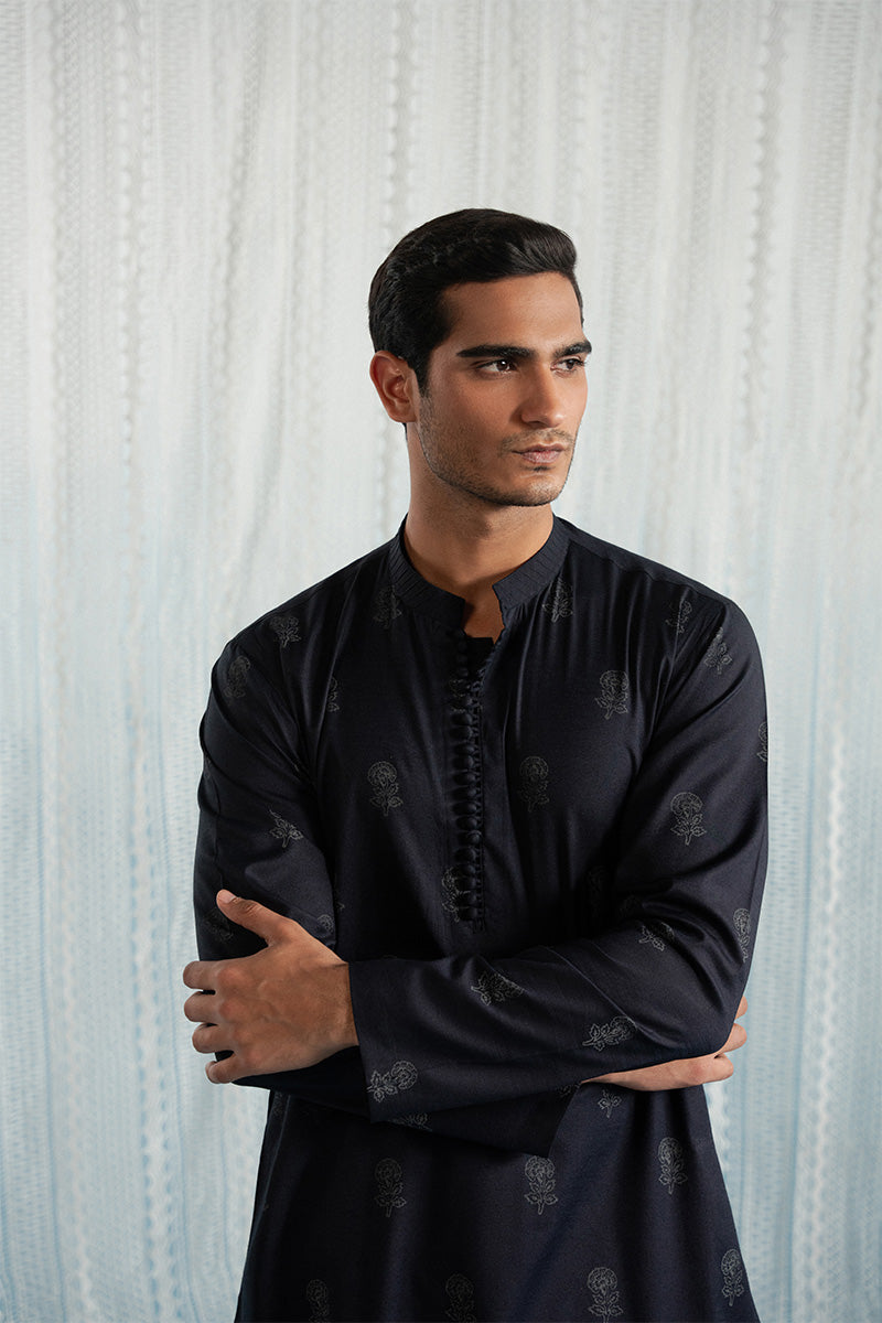 Navy Blue Floral Block Print Karandi Kurta Pajama (2-Piece) - Image 1