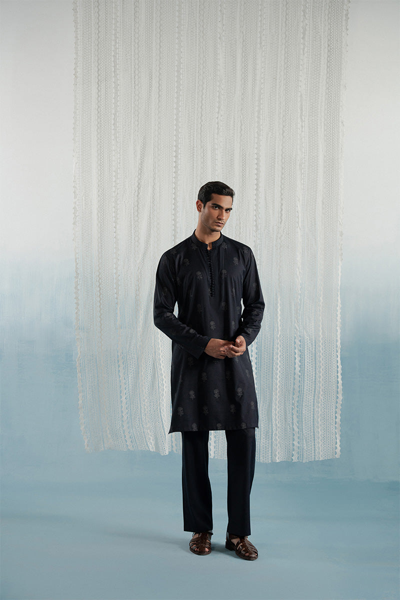 Navy Blue Floral Block Print Karandi Kurta Pajama (2-Piece) - Image 10