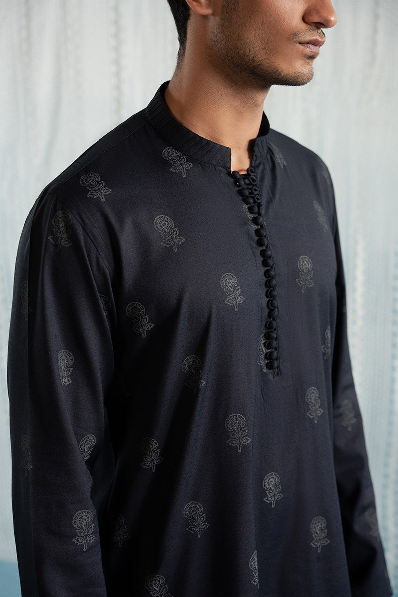 Navy Blue Floral Block Print Karandi Kurta Pajama (2-Piece) - Image 3