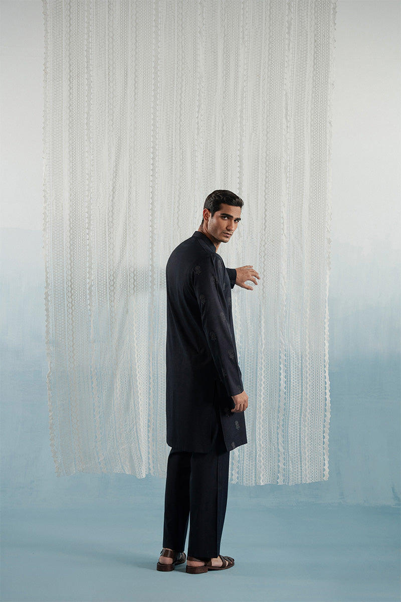 Navy Blue Floral Block Print Karandi Kurta Pajama (2-Piece) - Image 6