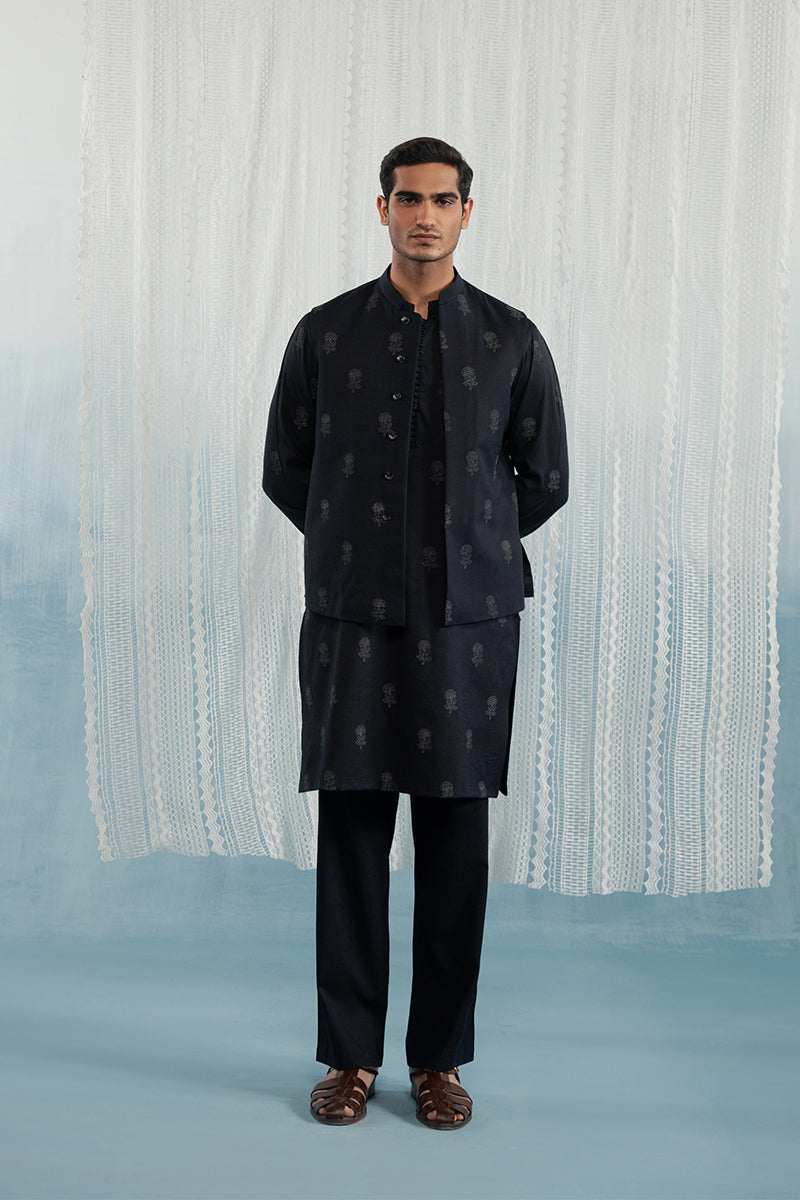 Navy Blue Floral Block Print Karandi Kurta Pajama (2-Piece) - Image 7