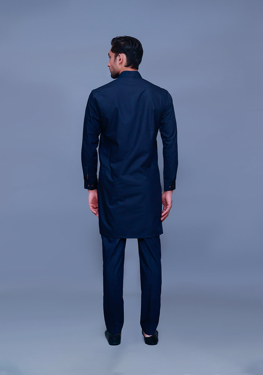 Dark Sapphire Poly Viscose Slim Fit Kurta Pajama (2-Piece) - Image 3