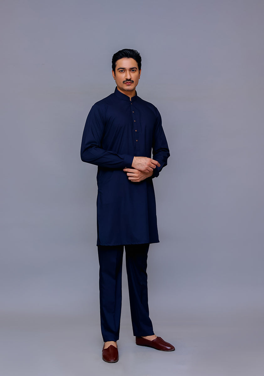 Navy Poly Viscose Slim Fit Kurta Pajama (2-Piece) - Image 1