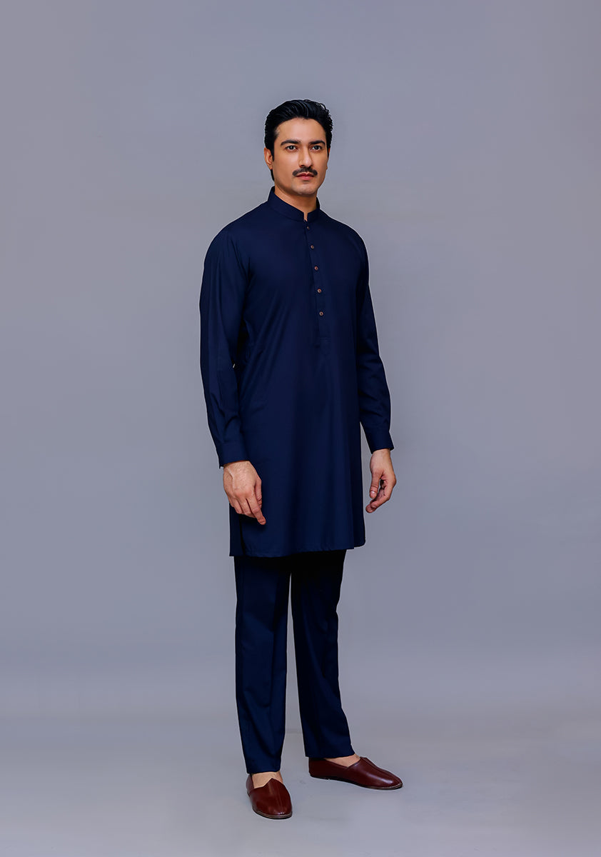 Navy Poly Viscose Slim Fit Kurta Pajama (2-Piece) - Image 2