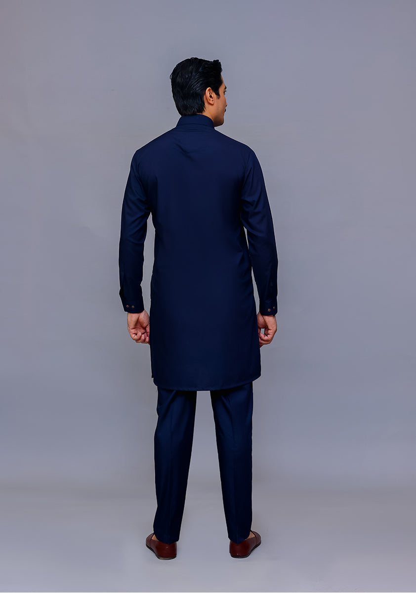 Navy Poly Viscose Slim Fit Kurta Pajama (2-Piece) - Image 3