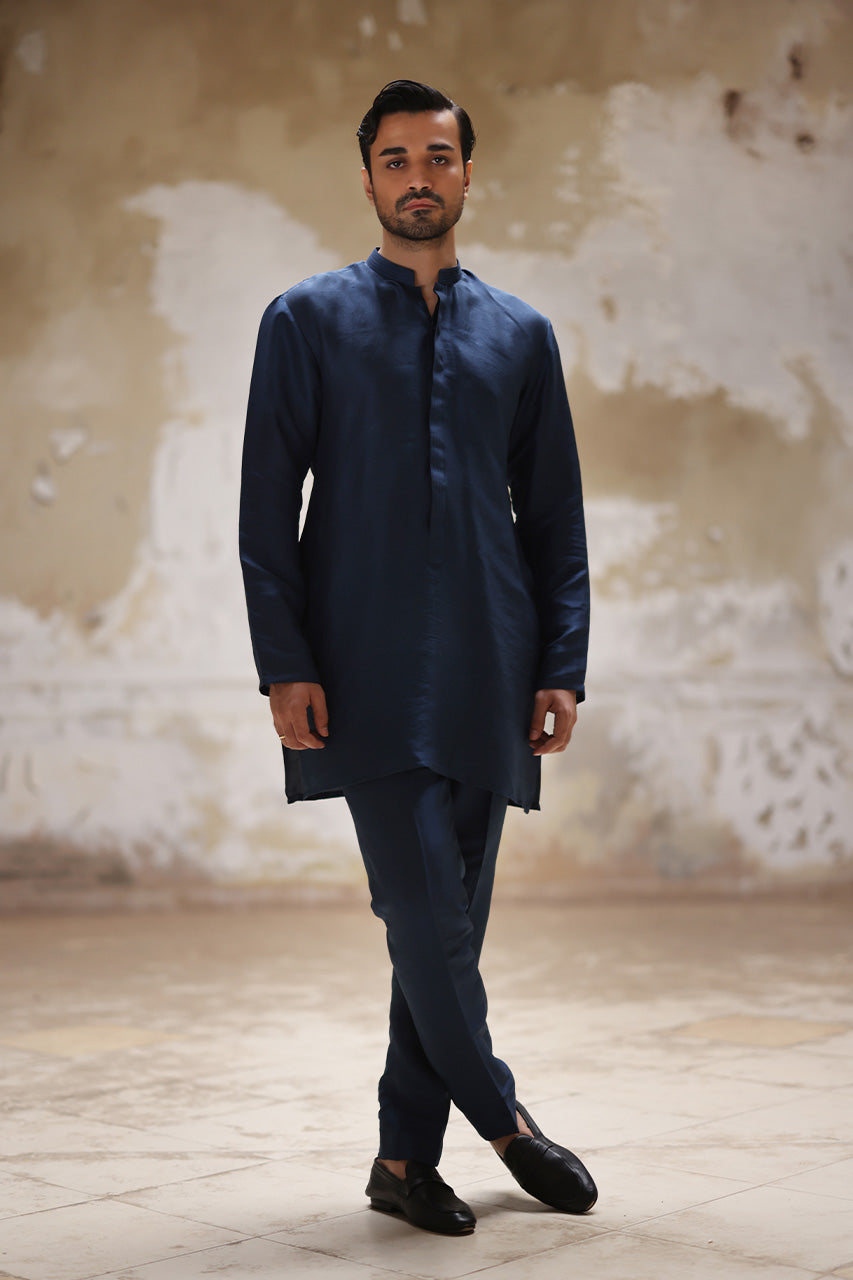 Navy Pleated Raw Silk Kurta Pajama (2-Piece) - Image 1
