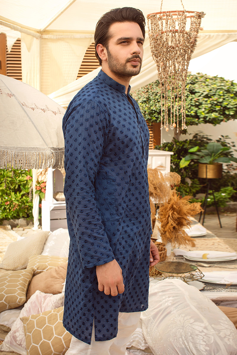 Navy Blue Schiffli Cotton Kurta Pajama (2-Piece) - Image 1