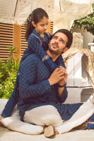 Navy Blue Schiffli Cotton Kurta Pajama (2-Piece) - Image 3