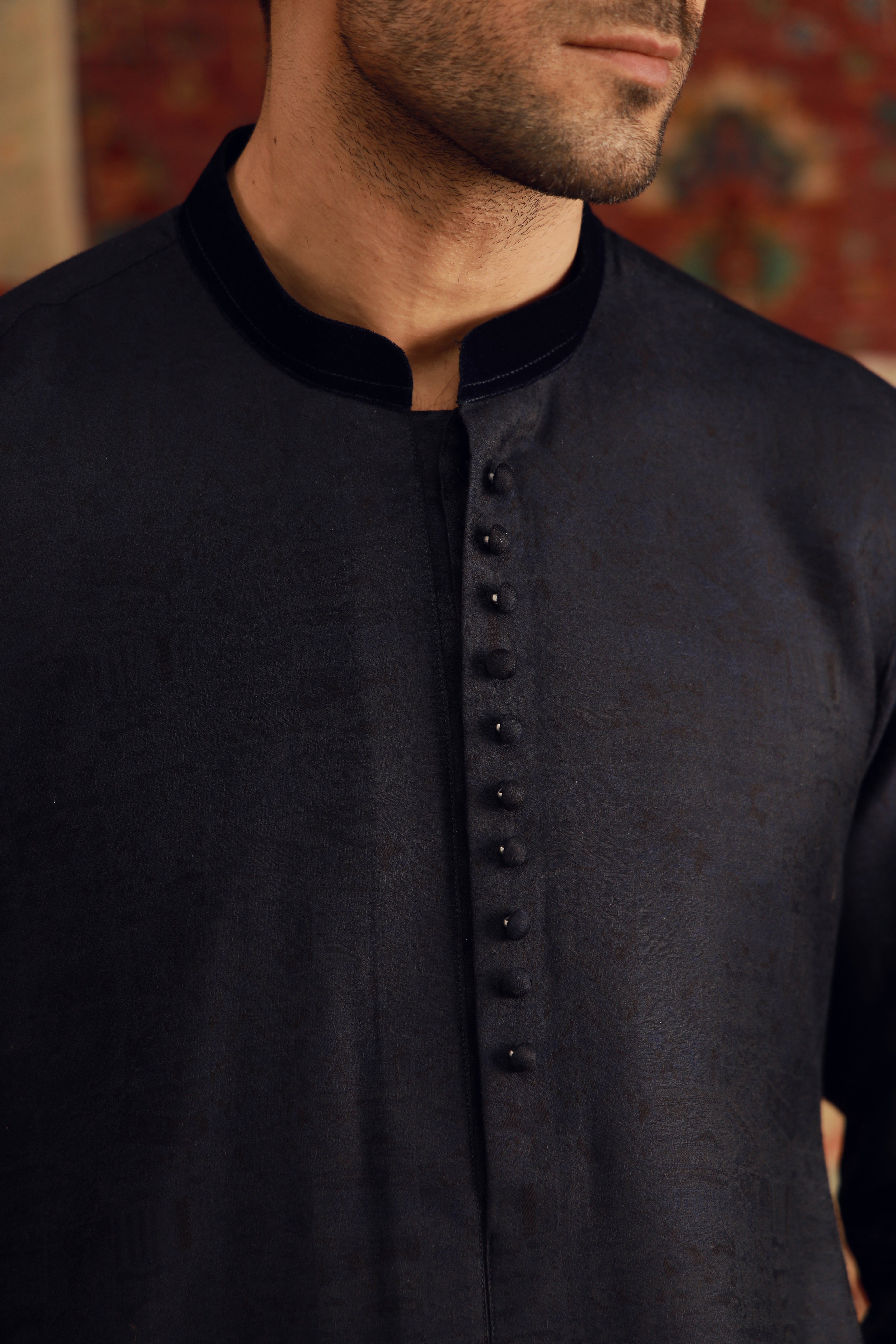 Navy Blue Self-Jacquard Kurta Pajama (2-Piece) - Image 4