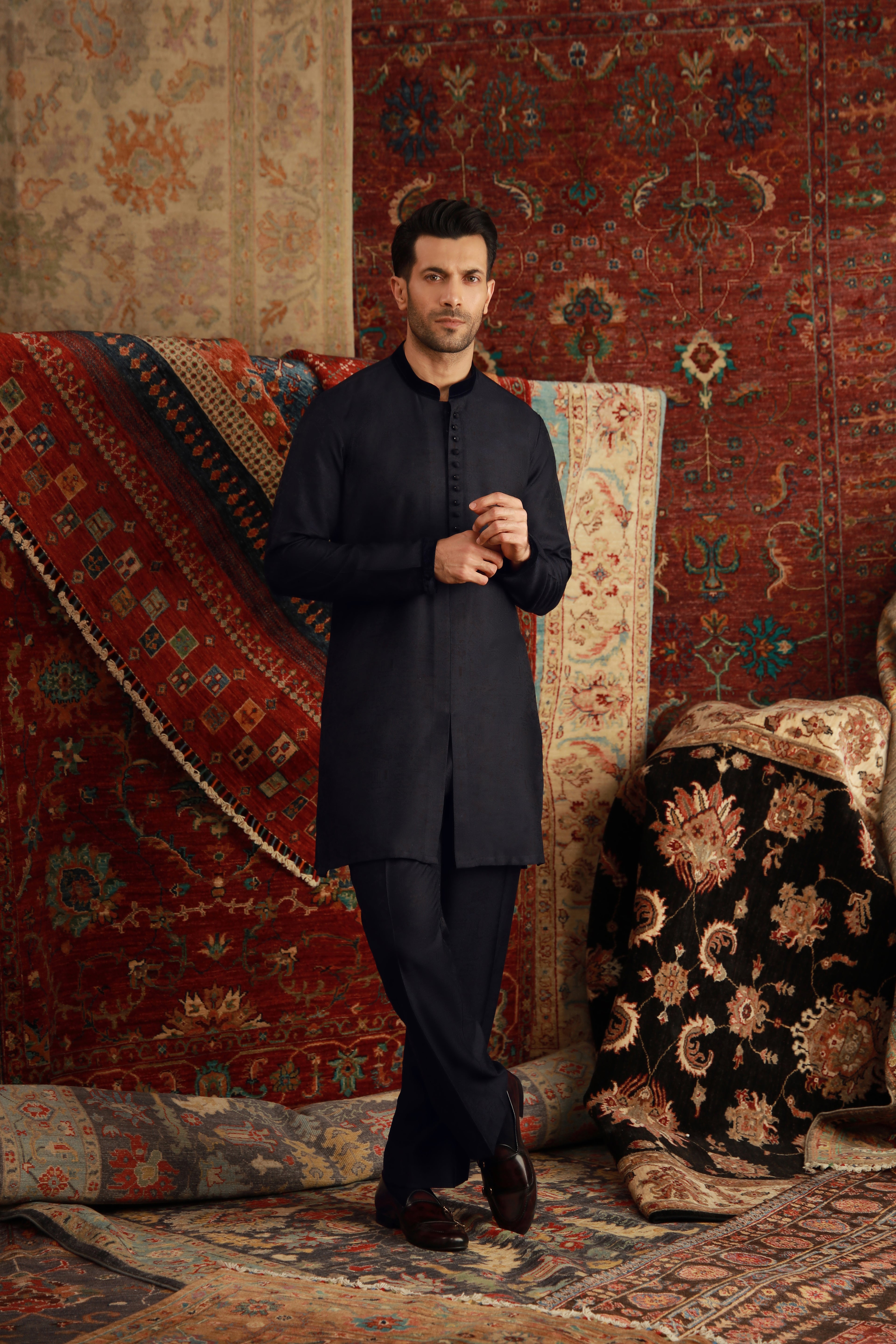 Navy Blue Self-Jacquard Kurta Pajama (2-Piece) - Image 5
