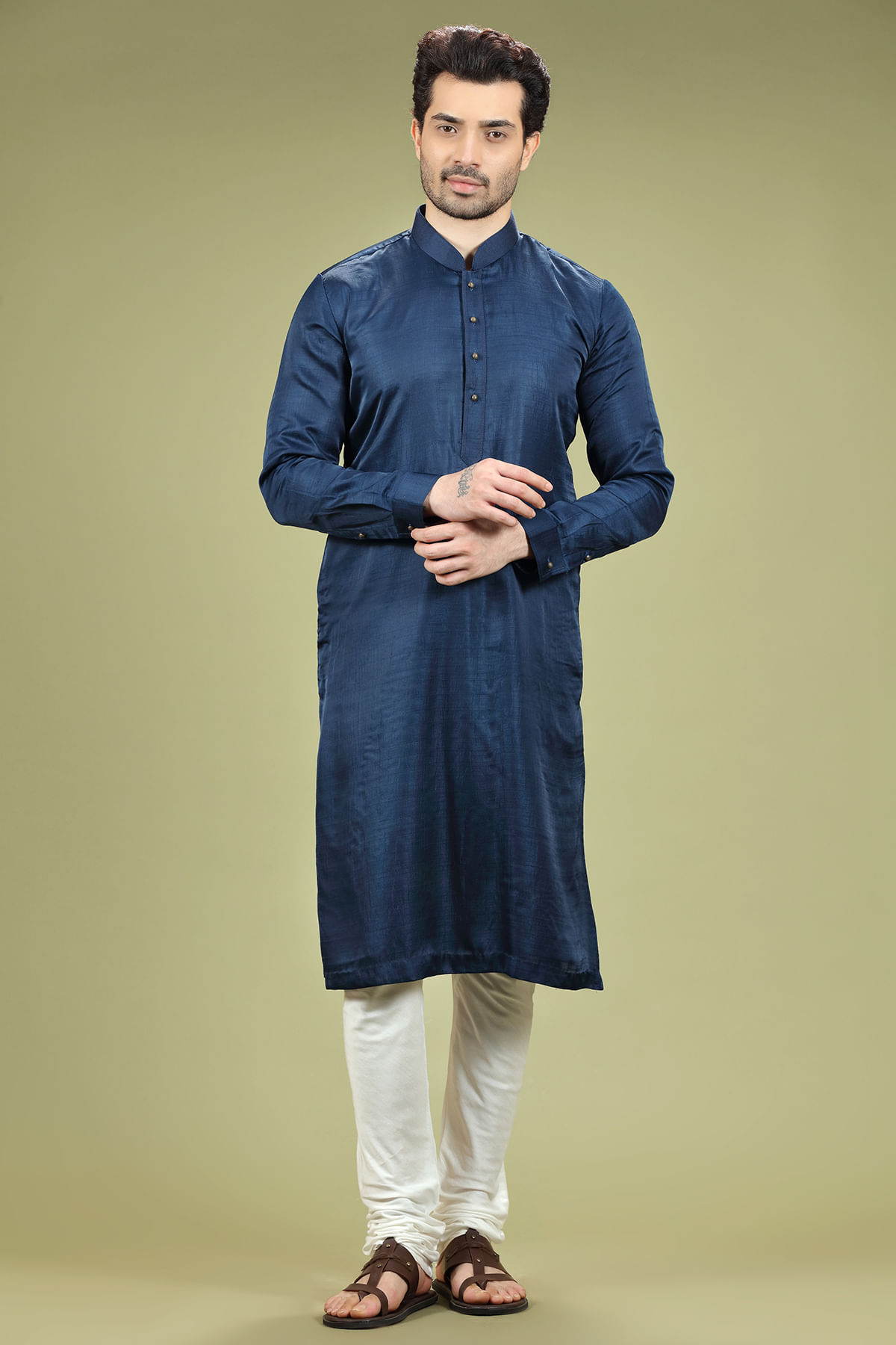 Navy Blue Silk Kurta Pajama (2-Piece) - Image 3