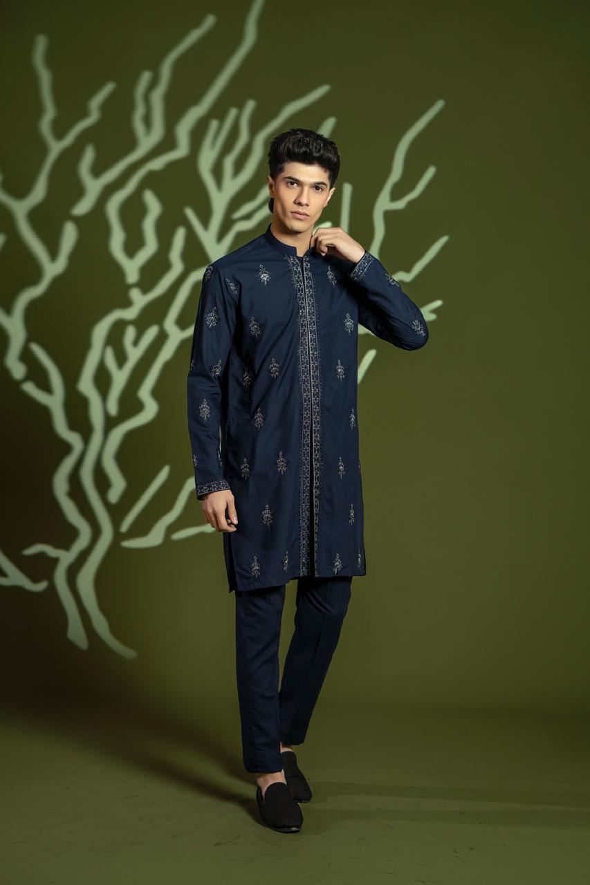 Navy Blue Embroidered Wash & Wear Kurta Pajama (2-Piece) - Image 2