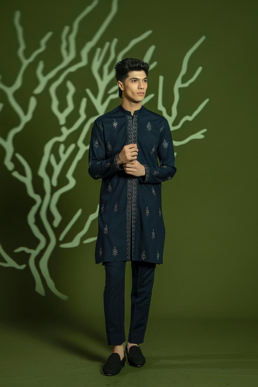 Navy Blue Embroidered Wash & Wear Kurta Pajama (2-Piece) - Image 4