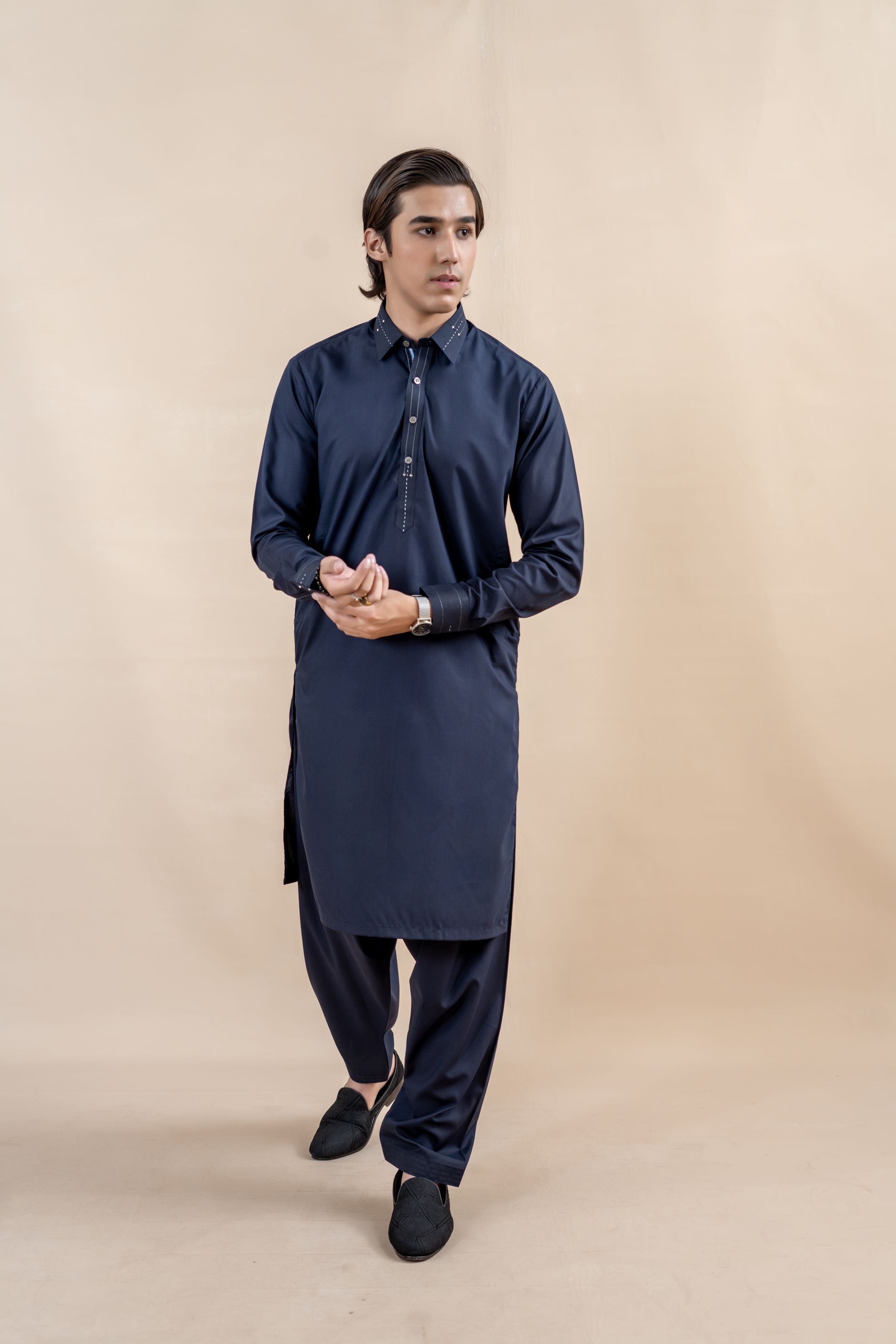 Navy Blue Contrast Stitch Wash & Wear Kurta Pajama (2-Piece) - Image 1