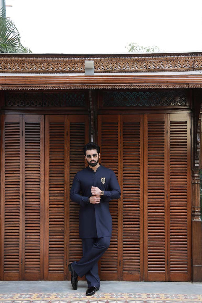 Navy Blue Embroidered Wash & Wear Kurta Pajama (2-Piece) - Image 1