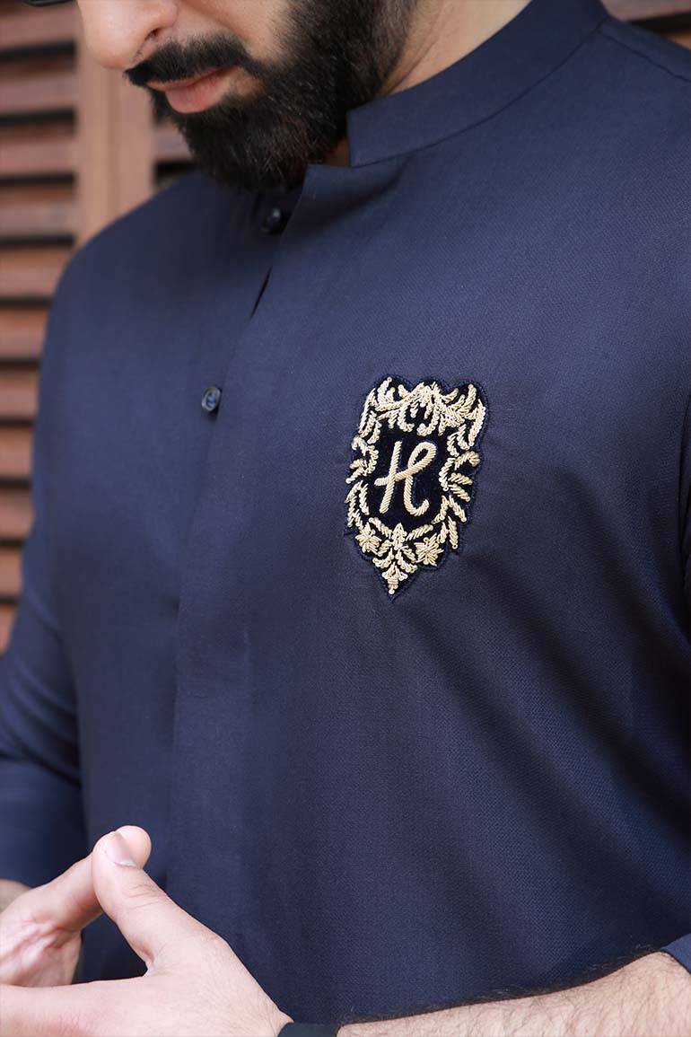 Navy Blue Embroidered Wash & Wear Kurta Pajama (2-Piece) - Image 4