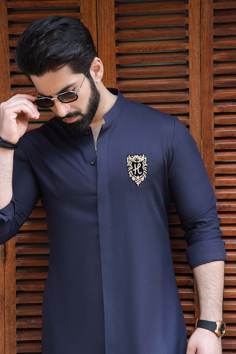Navy Blue Embroidered Wash & Wear Kurta Pajama (2-Piece) - Image 5