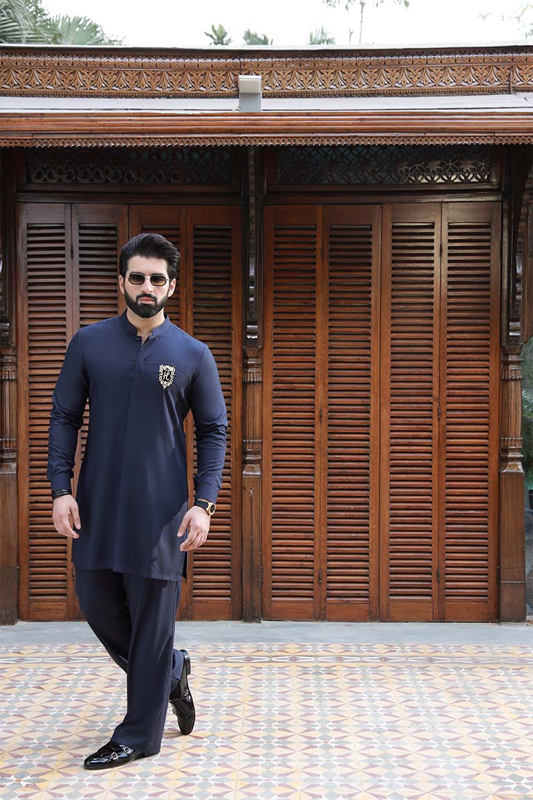 Navy Blue Embroidered Wash & Wear Kurta Pajama (2-Piece) - Image 7