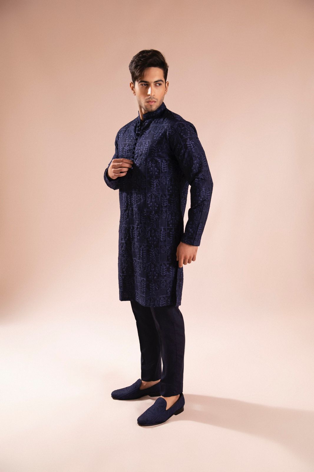 Navy Blue Embroidered Wash & Wear Kurta Pajama (2-Piece) - Image 1